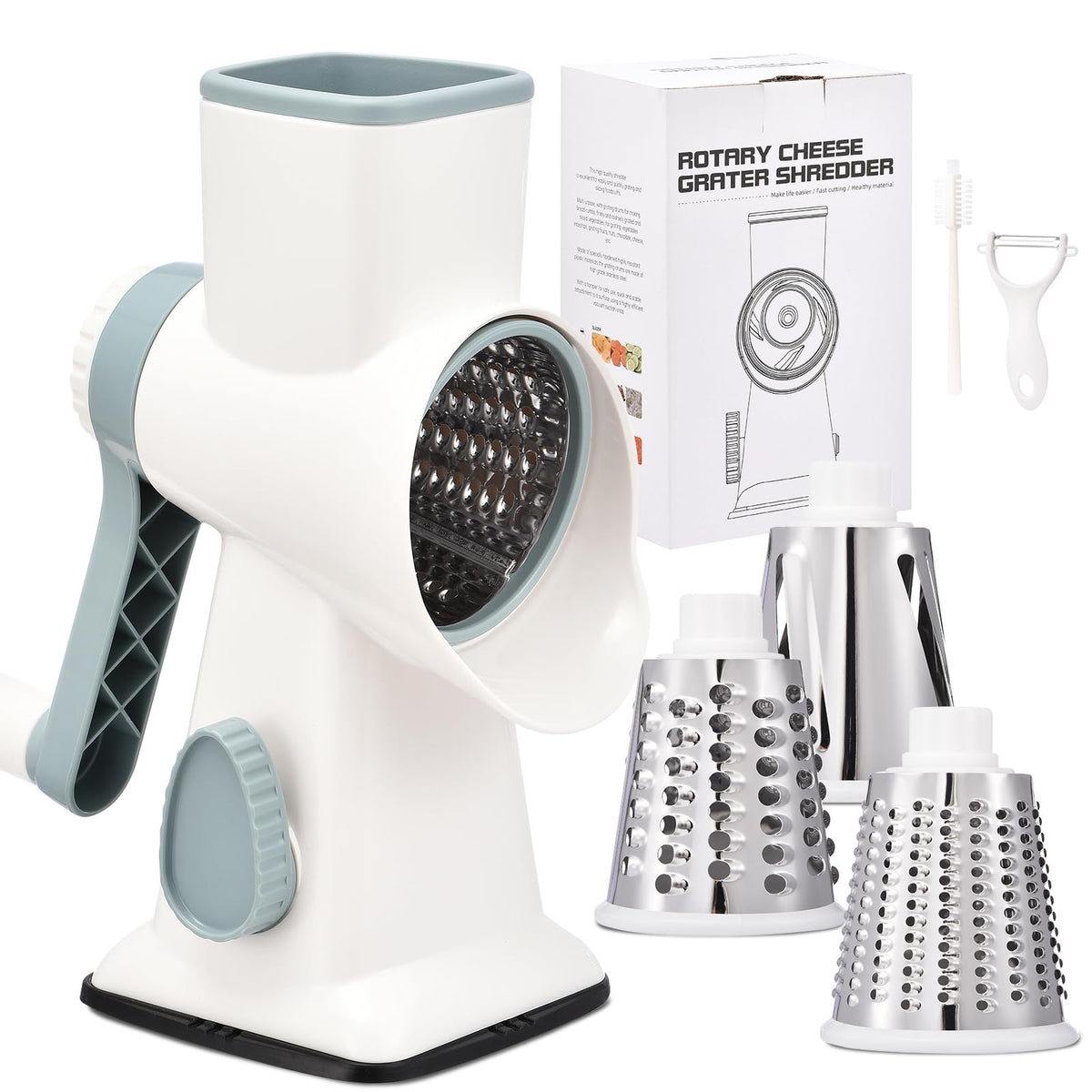 Rotary Cheese Grater with Handle Kitchen Shredder Slicer Grater Slicer Ice Shaver Cheese Vegetable Nuts Potato Zucchini Chocolate 3 Interchangeable Blades (GreyBlue