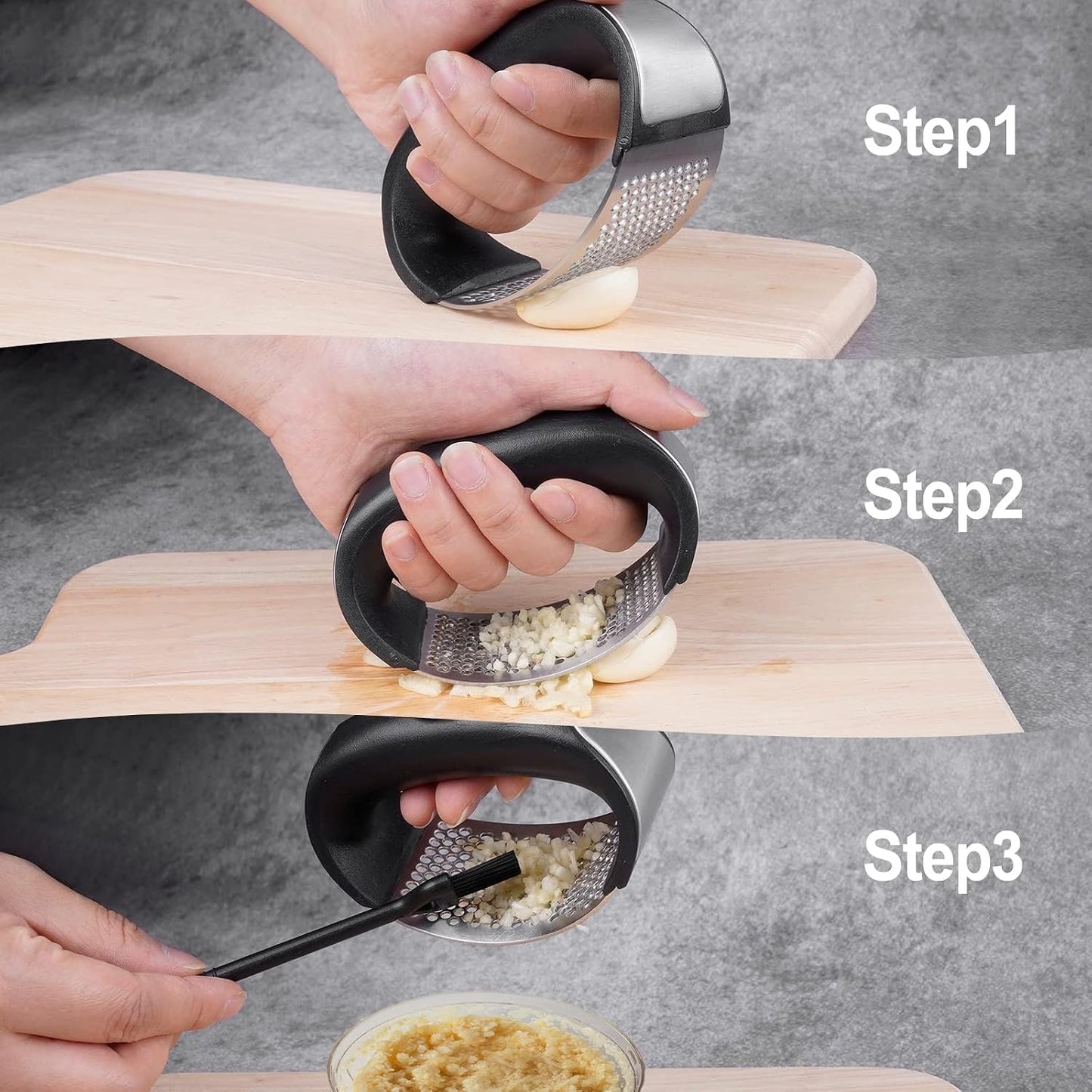 Garlic Press Rocker - Rust Proof & Dishwasher Safe Garlic Mincer, Stainless Steel Garlics Crusher Chopper Set with Peeler Brush, Easy to Clean and Squeeze, Masher for Garlics, Ginger, Spices