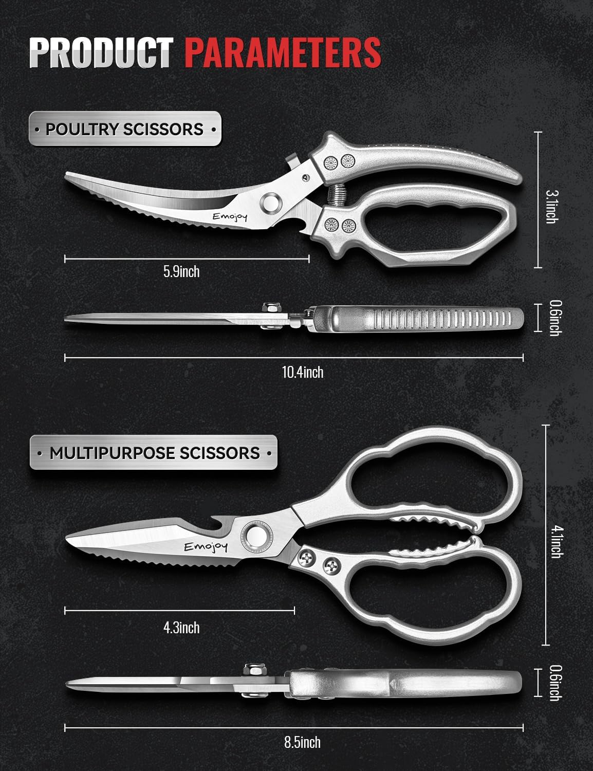 Emojoy 2-Piece Kitchen Scissors Set with Poultry Shears, Japanese Stainless Steel Kitchen Shear, All Purpose Scissor for Food, Chicken Bones, Dishwasher Safe