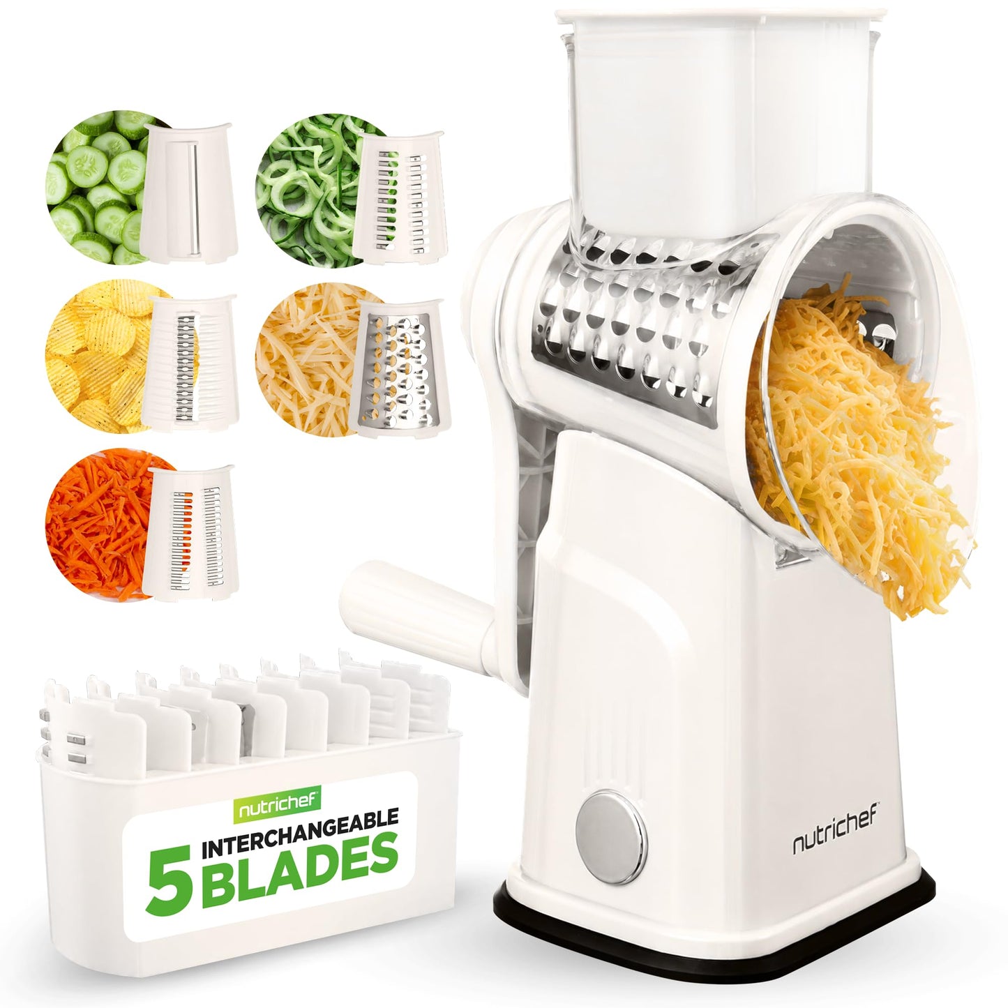 NutriChef 5 in 1 Cheese Grater & Shredder | 5 Different Blades for Thin, Thick, Julienne Strips, Wavy, & Straight Strips | Includes Hand Crank, Strong Suction Base & Storage Container | Blue