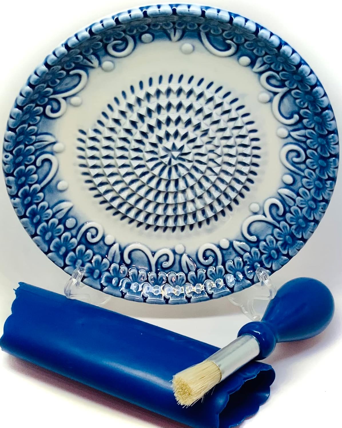 BonCera, Premium Ceramic Garlic Grater Plate Set - Blue Embossed
