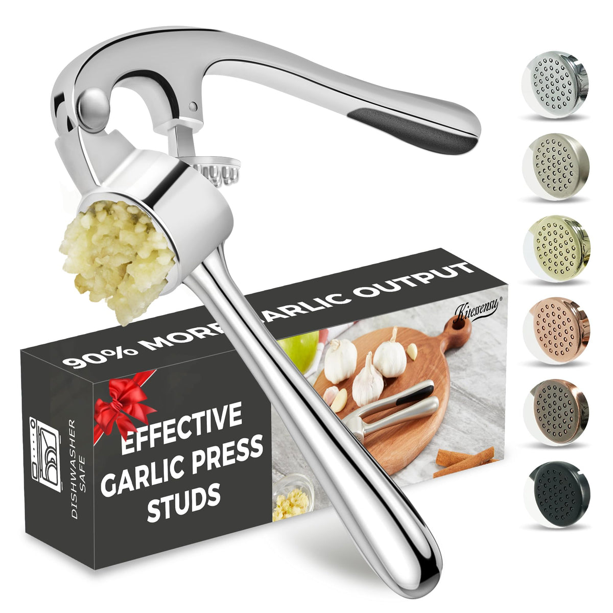 Kitessensu High Effective Garlic Press With Studs, Heavy Duty Garlic Mincer, Easy to Squeeze and Clean, Rust Proof, Ginger Crusher- Imperial Silver