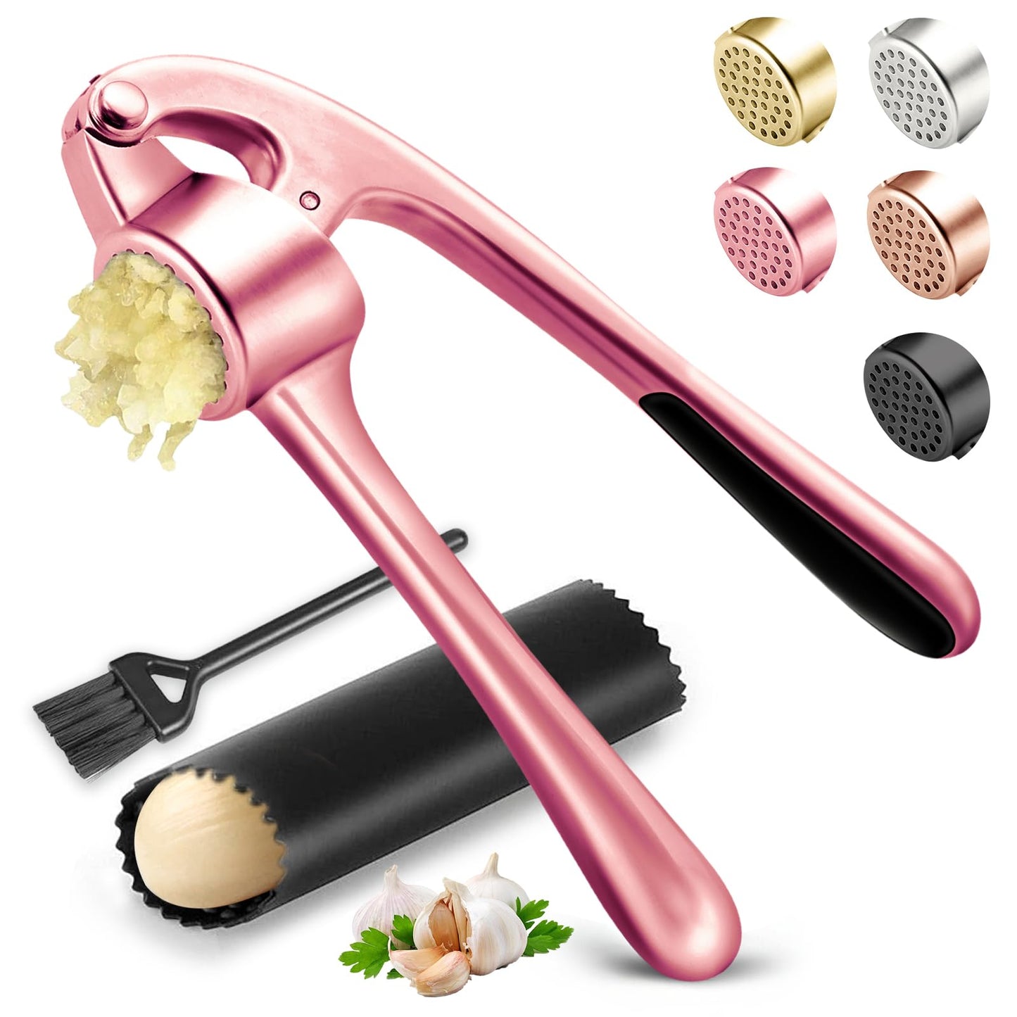 Kitchen Garlic Press, Rust Proof & Dishwasher Safe Garlic Mincer, Durable Garlic Crusher Set with Peeler&Brush, Easy to Clean and Squeeze, Matte