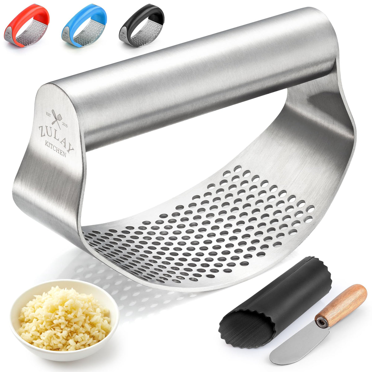 Zulay Kitchen Large Premium Garlic Press Set - Bigger Bowl for Bigger Garlic - Rust Proof Garlic Mincer Tool - Easy-Squeeze, Easy-Clean Silicone Garlic Peeler & Brush (Silver)