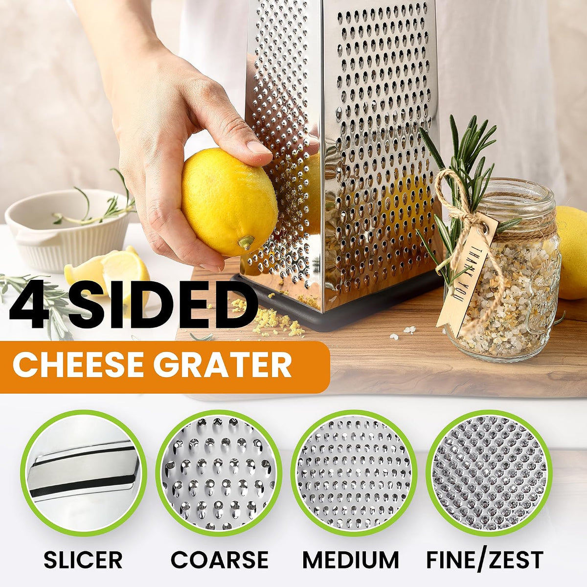 Spring Chef Stainless Steel Cheese Grater, Large Box Grater for Kitchen