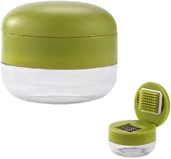 Mini Garlic Chopper and Press with Container, Emptycolor Manual Garlic Mincer Crusher Cutter Grinder, Stainless Steel Blades, Handheld Garlic Slicer Dicer Zoom Tool – Green