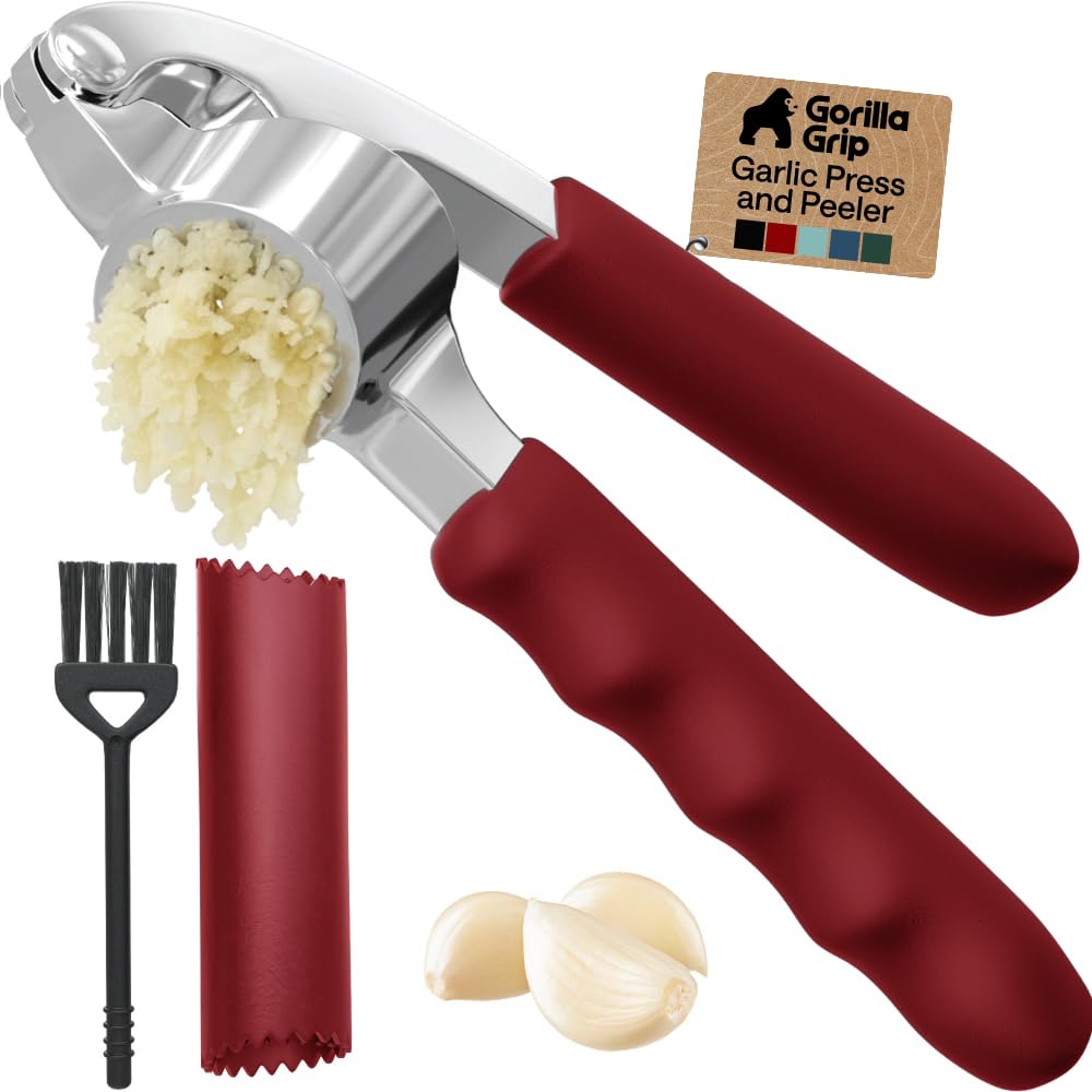 GORILLA GRIP Garlic Peeler and Press Set, Heavy Duty Mincer, Black
