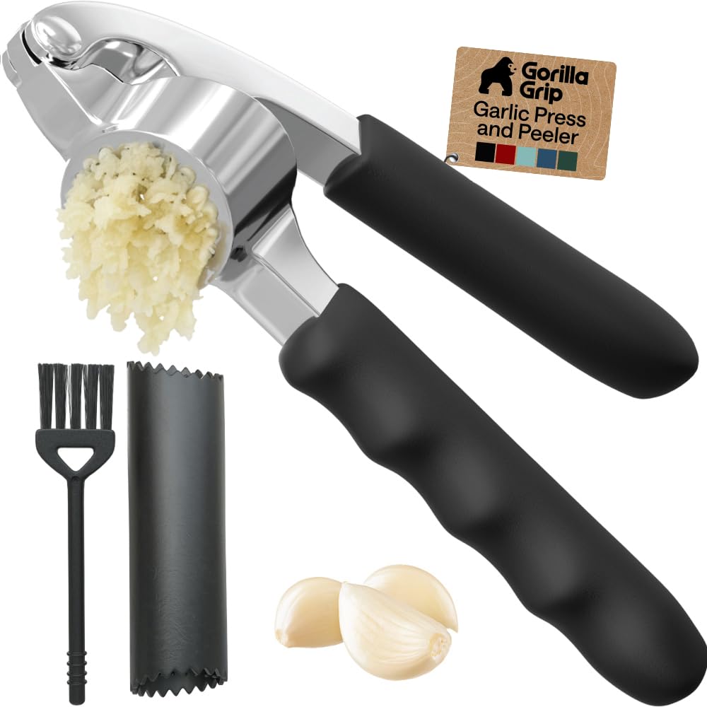 GORILLA GRIP Garlic Peeler and Press Set, Heavy Duty Mincer, Black