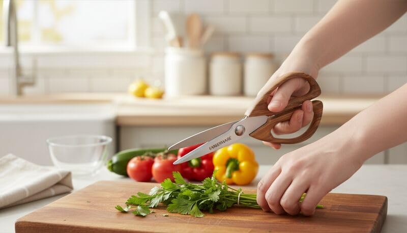 Farberware All-Purpose Kitchen Shears with Faux Wood-Grain Finish Handles, Stainless Steel Blades, Multipurpose Scissors for Meat, Herbs, and More