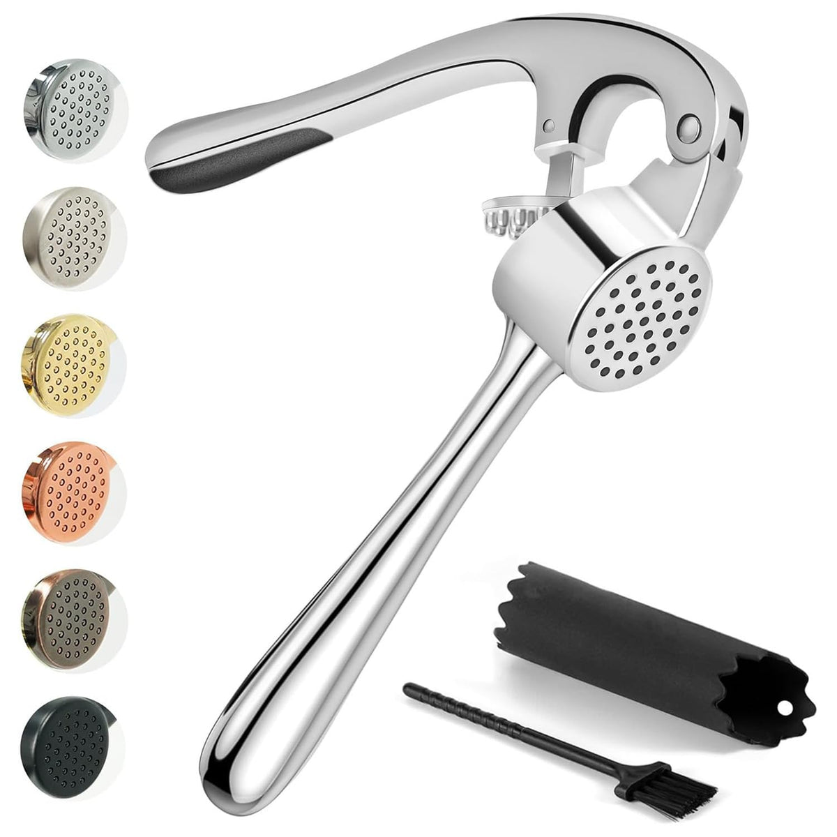 Kitessensu High Effective Garlic Press With Studs, Heavy Duty Garlic Mincer, Easy to Squeeze and Clean, Rust Proof, Ginger Crusher- Imperial Silver