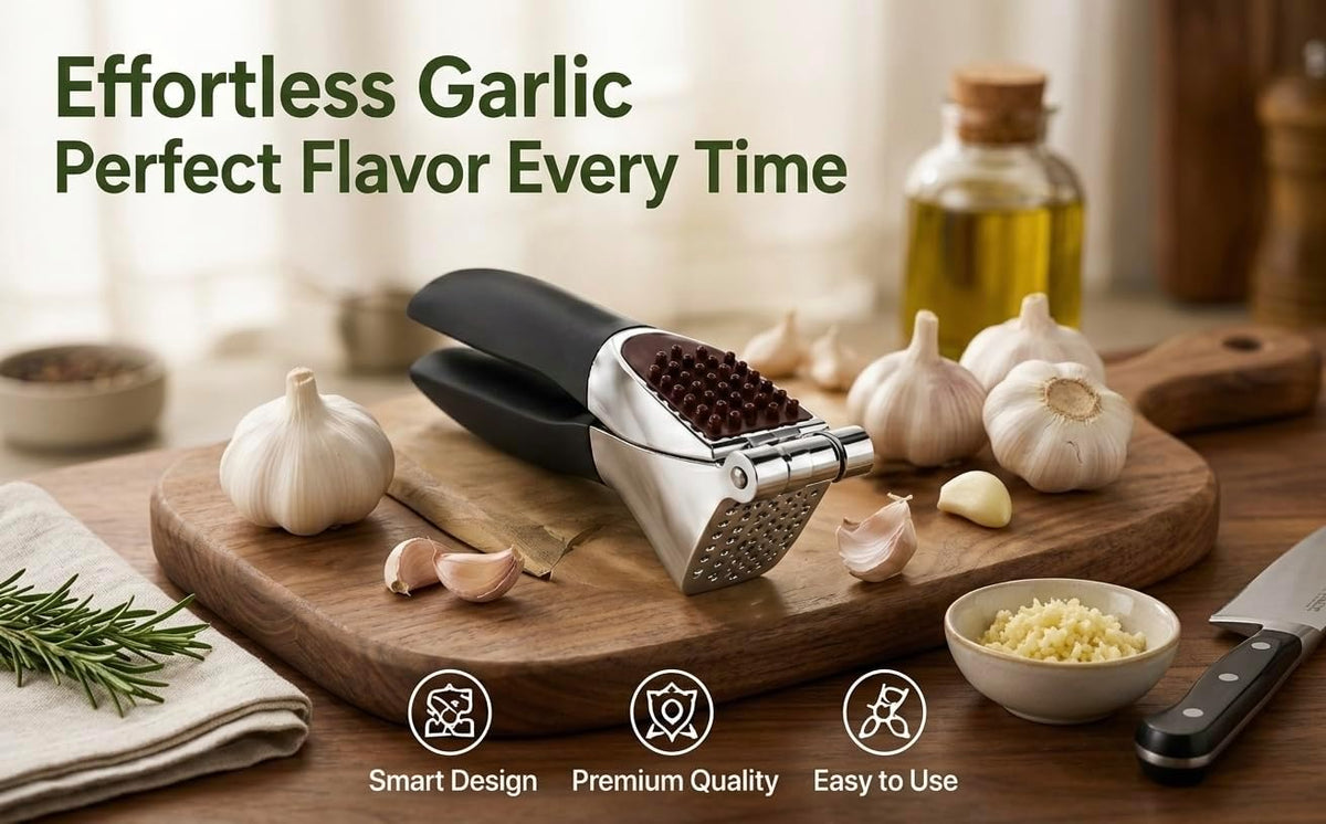 HOMFTY Garlic Press Set – Heavy Duty Stainless Steel Garlic Mincer & Crusher with Silicone Peeler, Ginger Press & Cleaning Brush – Large Chamber, Ergonomic Non-Slip Handle, No Peeling Needed