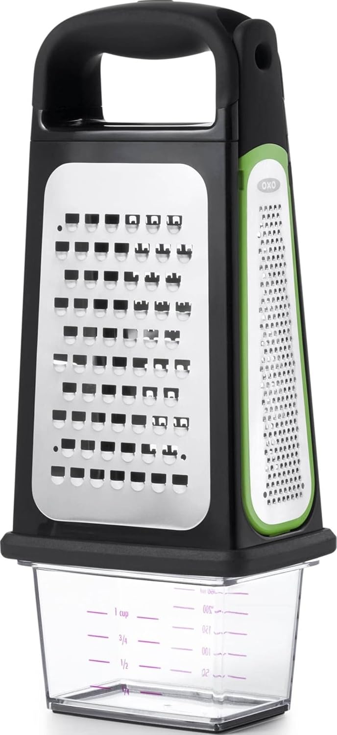 OXO Good Grips Etched Box Grater with Removable Zester | Ideal for Grating Cheese or Zesting Fruits | Storage Container Included | 4 Sided Grater | Comfortable Handle