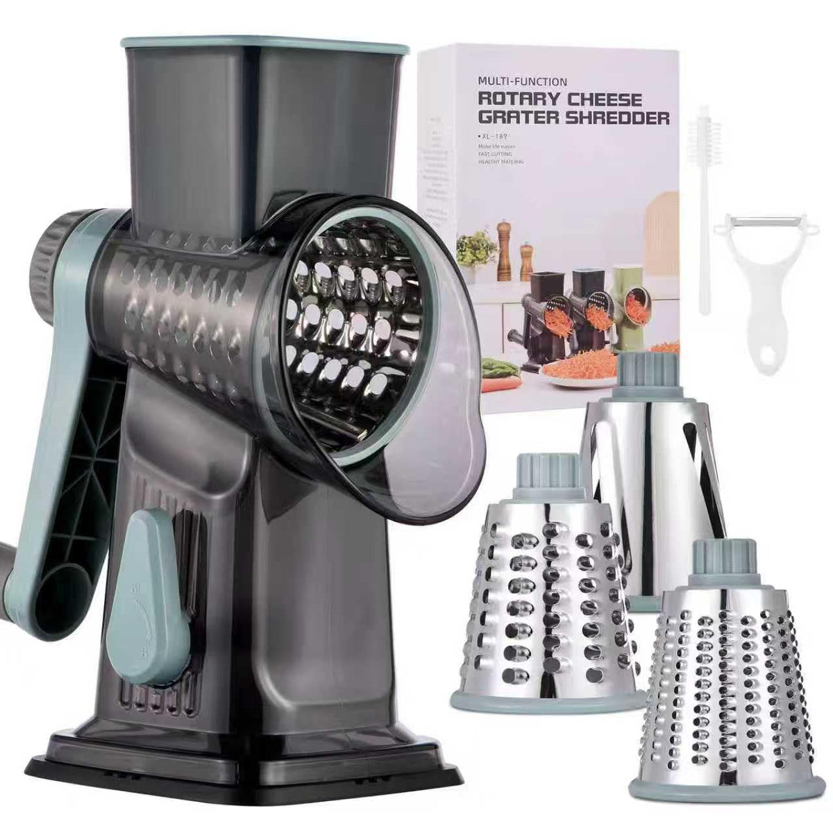 Rotary Cheese Grater with Handle Kitchen Shredder Slicer Grater Slicer Ice Shaver Cheese Vegetable Nuts Potato Zucchini Chocolate 3 Interchangeable Blades (GreyBlue