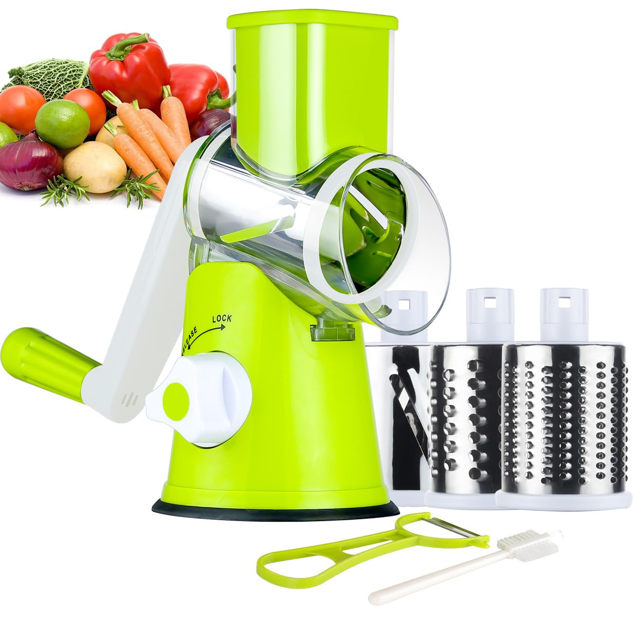 Ourokhome Rotary Cheese Grater Hand Crank, Kitchen Shredder Speed Mandolin Slicer Nuts Grinder with Handle and Drum Blades for Cheese, Vegetable, Walnuts, Chocolate, Potato, Carrot, 3 Blades, White