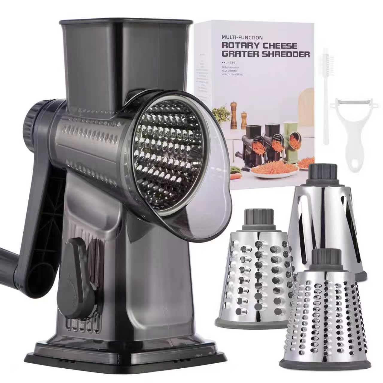 Rotary Cheese Grater with Handle Kitchen Shredder Slicer Grater Slicer Ice Shaver Cheese Vegetable Nuts Potato Zucchini Chocolate 3 Interchangeable Blades (GreyBlue