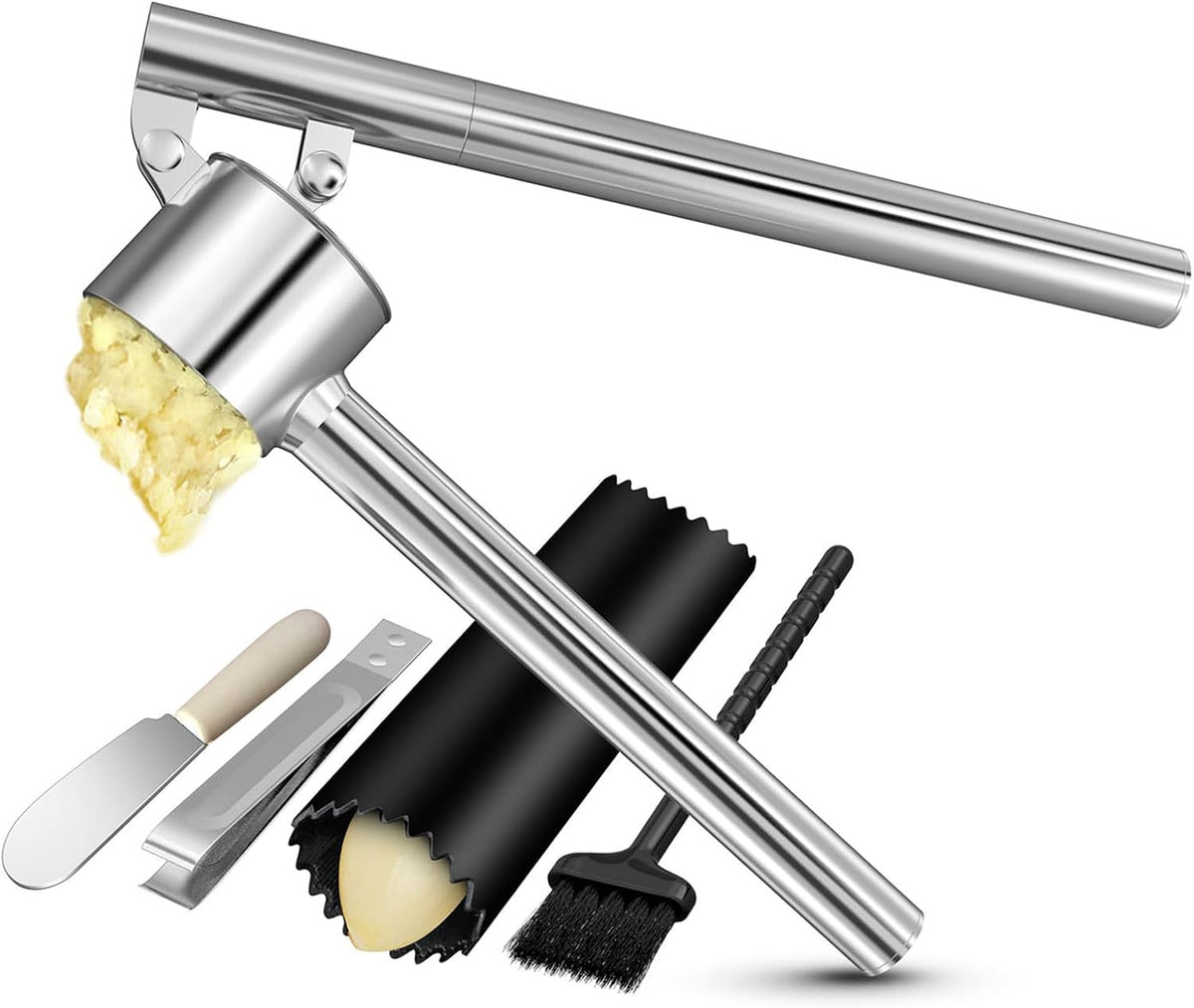 5-in-1 Stainless Steel Garlic Press Set with Large Chamber & Mincer - Heavy Duty Rustproof Garlic Crusher with Ergonomic Handle, Dishwasher Safe, Easy Squeeze Design for Ginger, Nuts, Herbs (Large)
