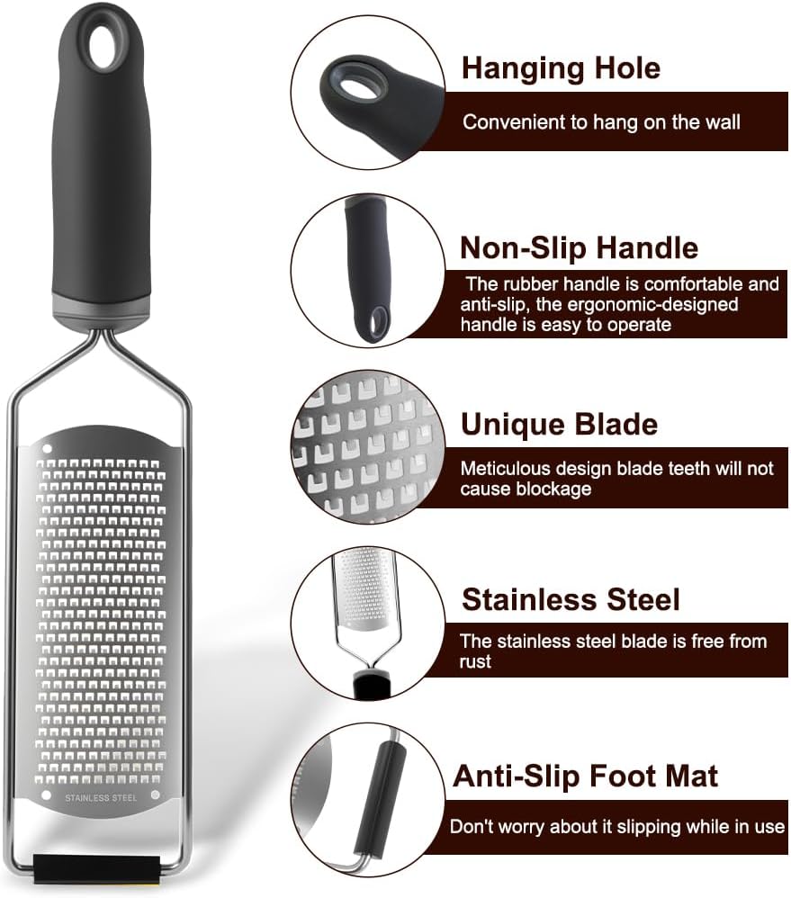 Upgraded Lemon Zester & Cheese Grater, Food Grade Stainless Steel None-Slip Hand Fine Grater for Garlic, Ginger, and Chocolate, Durable and Easy-To-Clean（Dishwasher Safe）