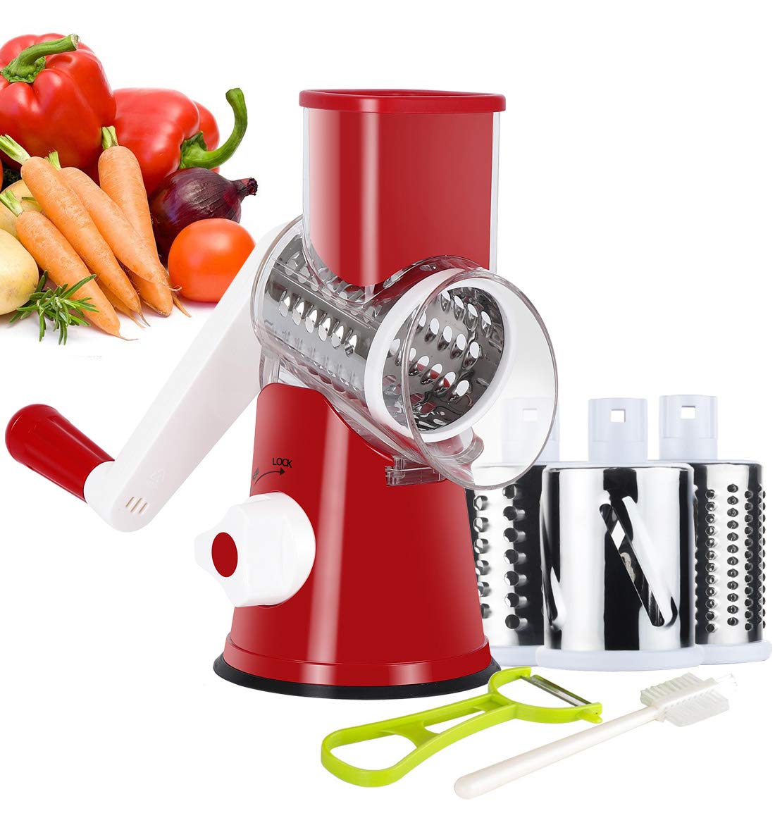 Ourokhome Rotary Cheese Grater Hand Crank, Kitchen Shredder Speed Mandolin Slicer Nuts Grinder with Handle and Drum Blades for Cheese, Vegetable, Walnuts, Chocolate, Potato, Carrot, 3 Blades, White