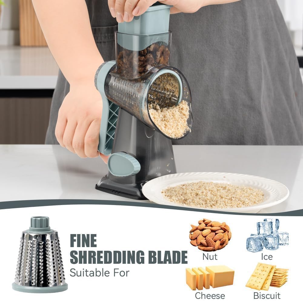 KEOUKE Rotary Cheese Grater Hand Crank Transparent - Shredder Slicer Grinder 3 Stainless Steel Blades, Stable Suction, Labor-Saving Handle, Safe Kitchen Tool for Cheese, Vegetable, Nuts, Chocolate