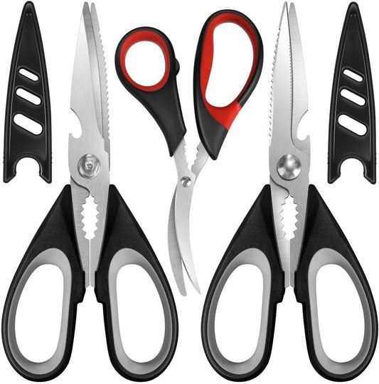 All Purpose Kitchen Shears with Protective Sheath, Heavy Duty 3 Pack Kitchen Scissors with Serrated Blade, Stainless Steel Cooking Scissors for Poultry, Food, Vegetables