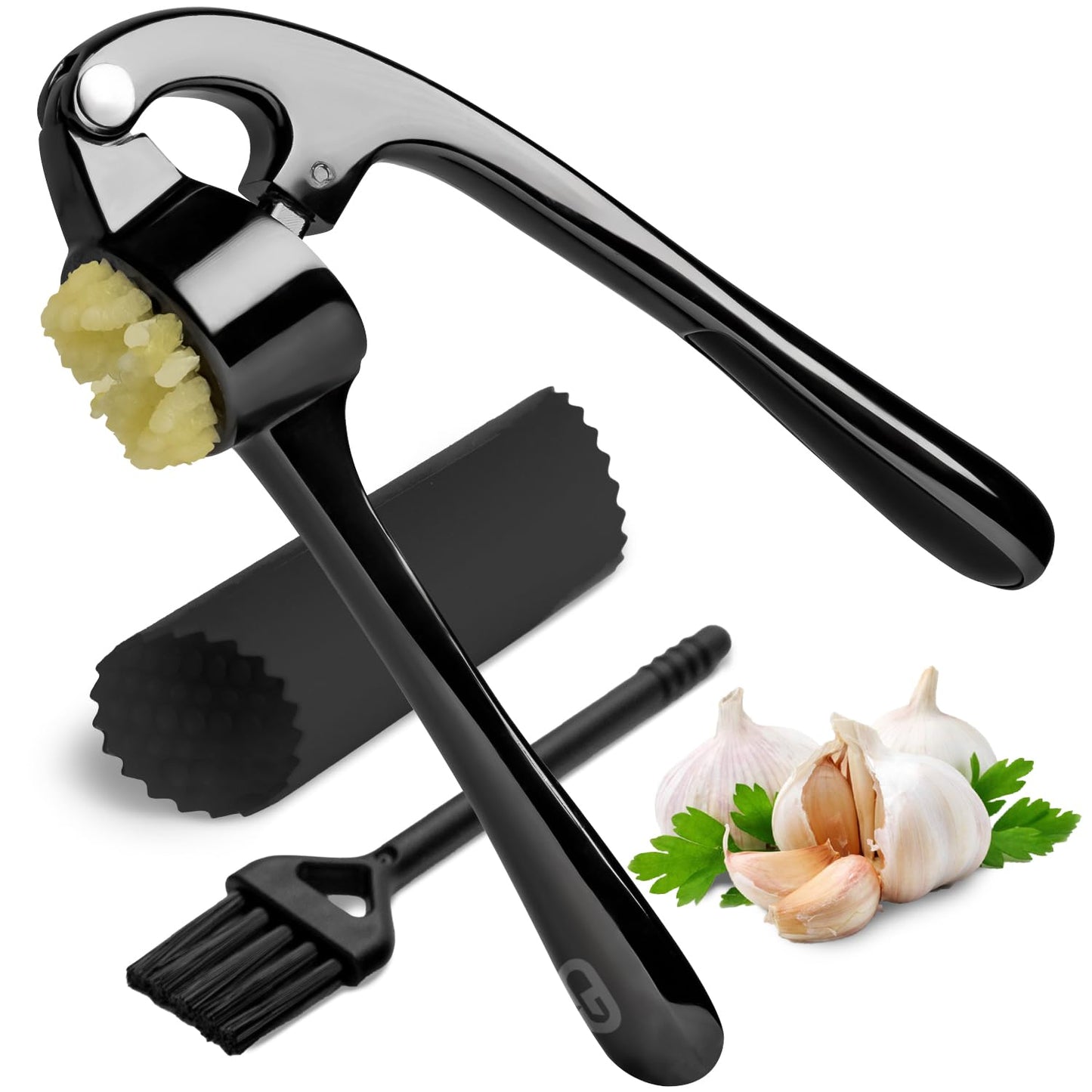 Garlic Press Crusher & Mincer – Easy Squeeze Ergonomic Handle, Heavy Duty Zinc Alloy, Dishwasher Safe, Includes Peeler & Cleaning Brush – Garlic Ginger Crusher Tool (Imperial Silver)