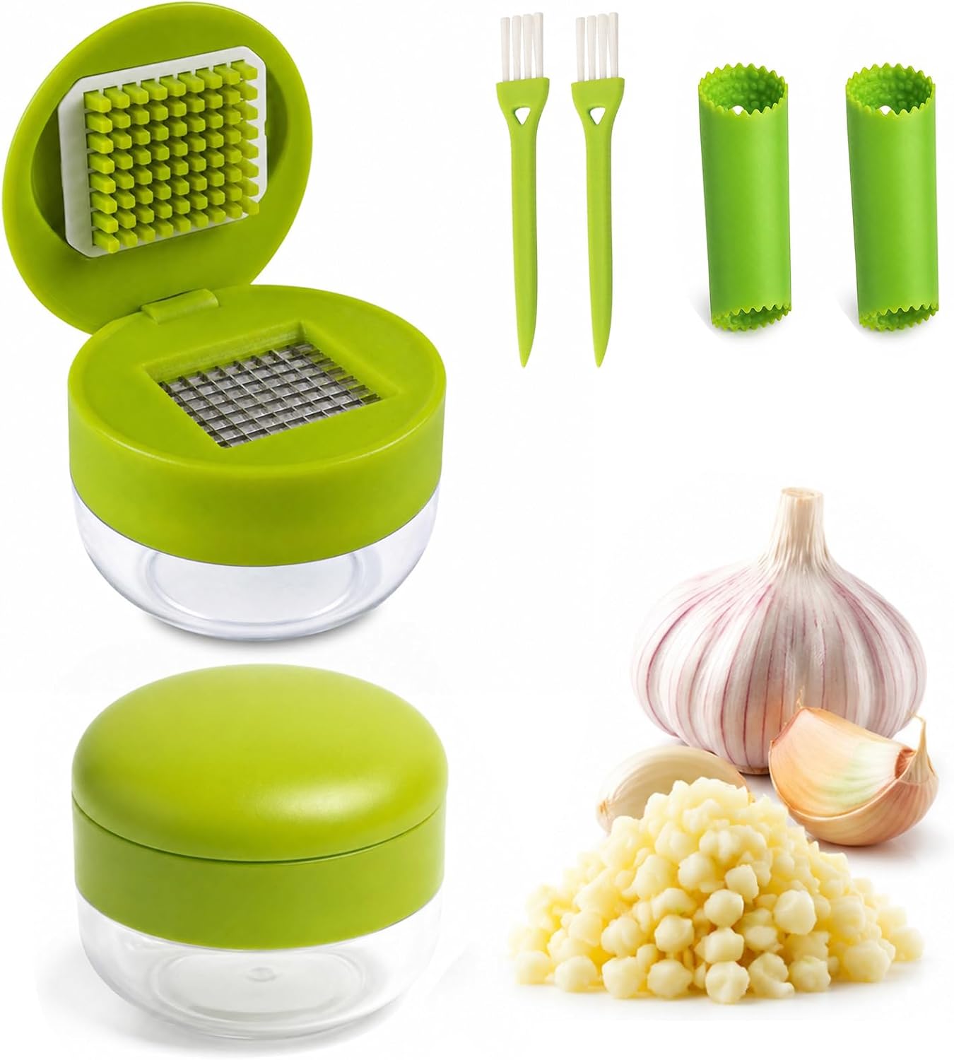 3-in-1 Garlic Press Set with Peeler & Brush, Manual Garlic Mincer Tool with Storage Container for Easy Prep and Cleanup (2 Pack)