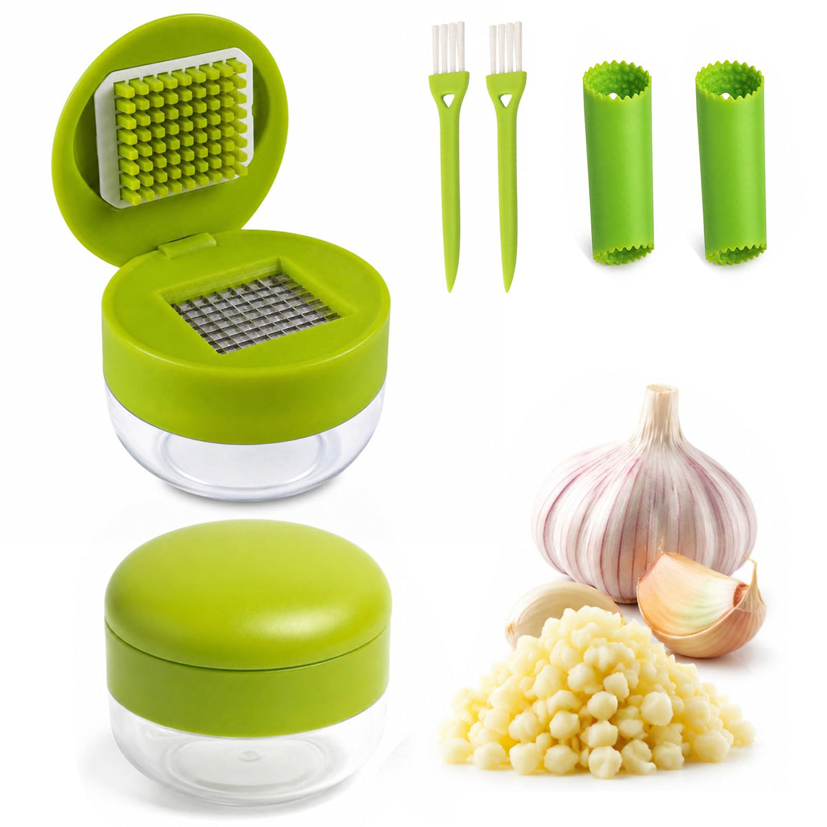 3-in-1 Garlic Press Set with Peeler & Brush, Manual Garlic Mincer Tool with Storage Container for Easy Prep and Cleanup (2 Pack)