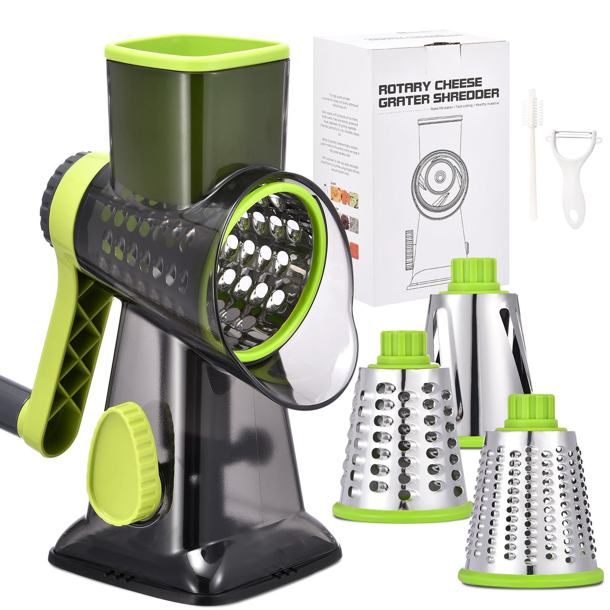 Rotary Cheese Grater with Handle Kitchen Shredder Slicer Grater Slicer Ice Shaver Cheese Vegetable Nuts Potato Zucchini Chocolate 3 Interchangeable Blades (GreyBlue