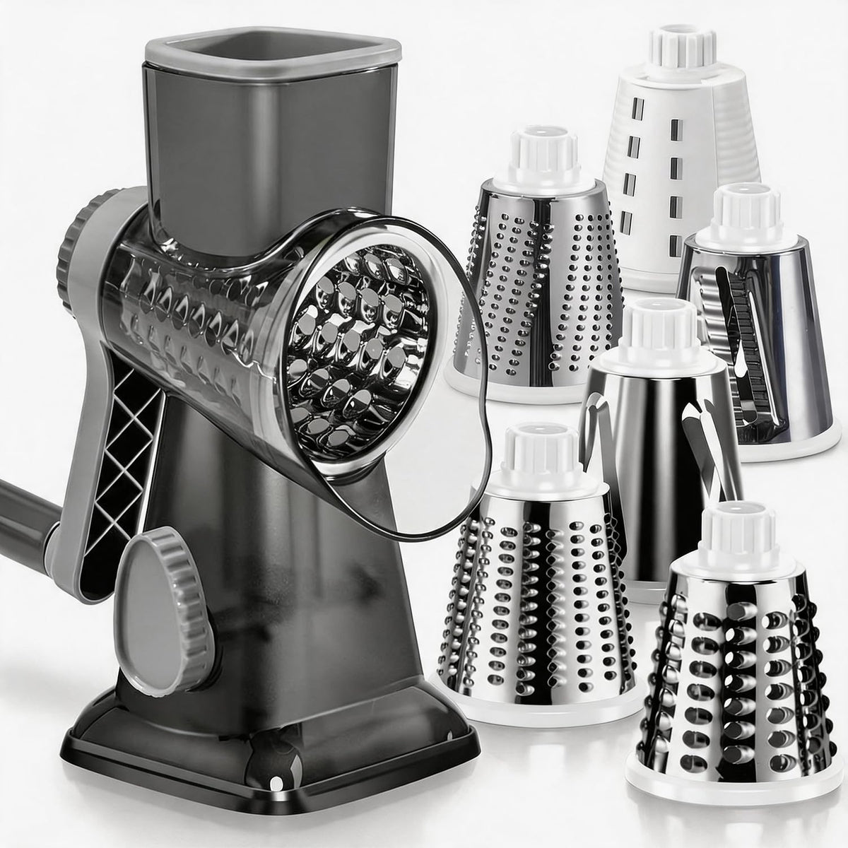 KEOUKE Rotary Cheese Grater Hand Crank Transparent - Shredder Slicer Grinder 3 Stainless Steel Blades, Stable Suction, Labor-Saving Handle, Safe Kitchen Tool for Cheese, Vegetable, Nuts, Chocolate