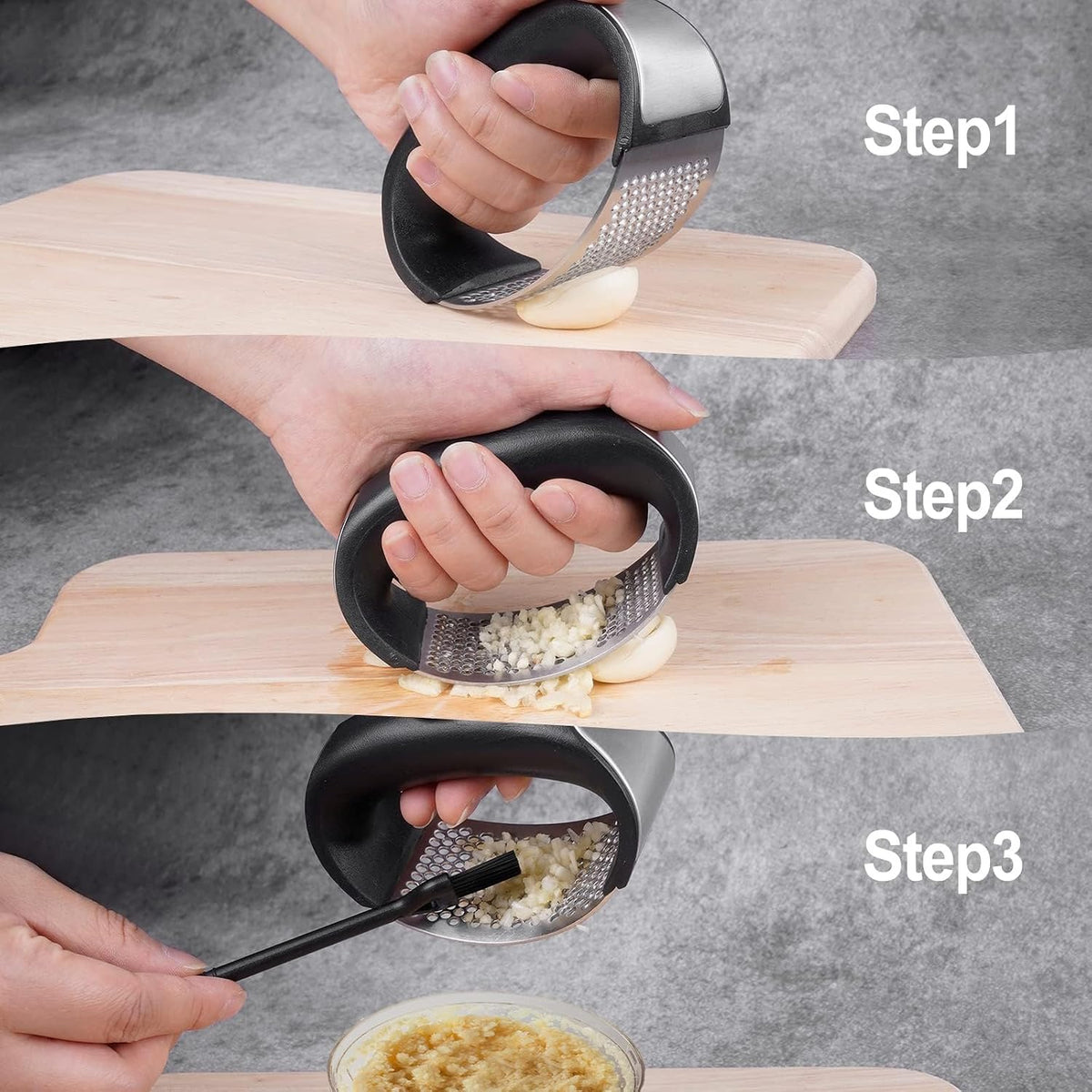 Garlic Press Rocker - Rust Proof & Dishwasher Safe Garlic Mincer, Stainless Steel Garlics Crusher Chopper Set with Peeler Brush, Easy to Clean and Squeeze, Masher for Garlics, Ginger, Spices