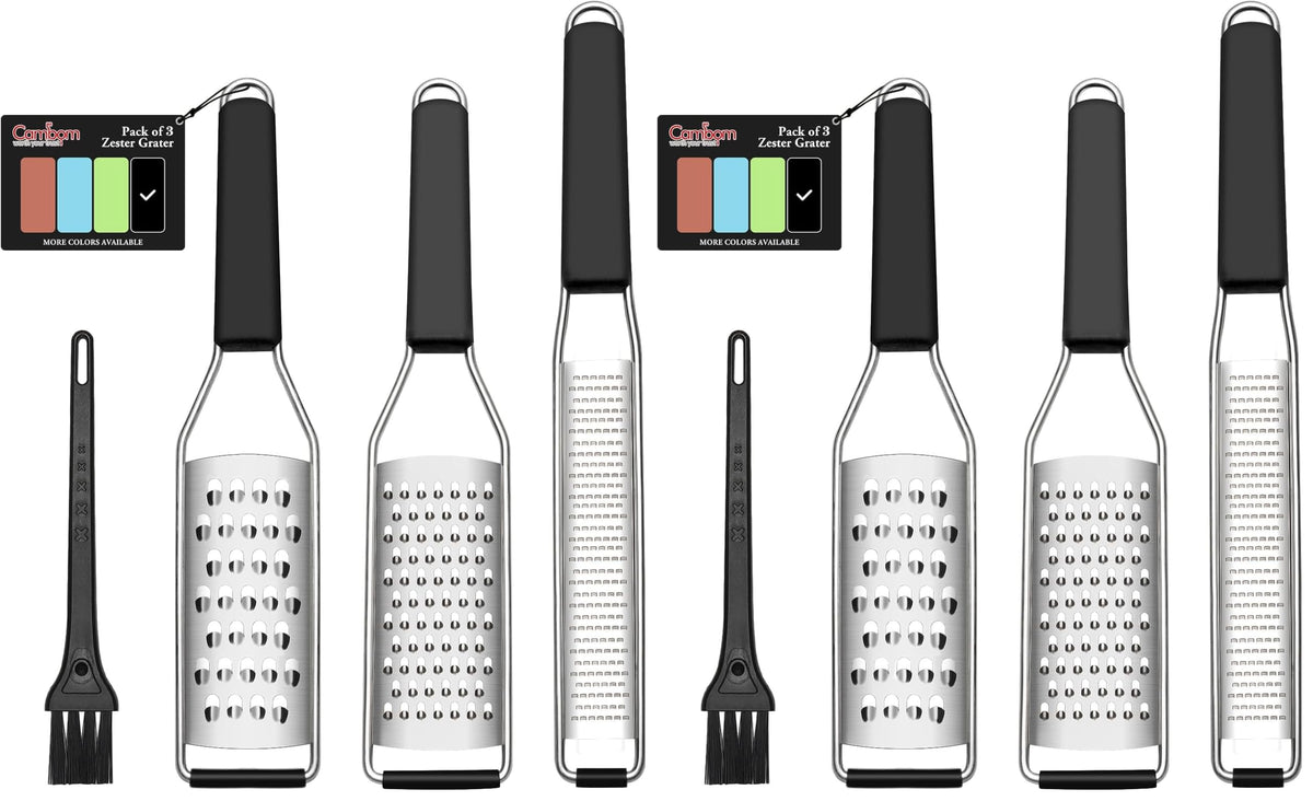 Cambom Lemon Zester Grater Three-piece Suit - Heavy Duty Kitchen Tool for Parmesan Cheese, Ginger, Garlic, Nutmeg, Chocolate, Vegetables，Fruits，Stainless Steel Grater Dishwasher Safe Black