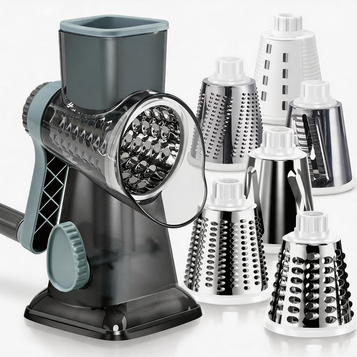 KEOUKE Rotary Cheese Grater Hand Crank Transparent - Shredder Slicer Grinder 3 Stainless Steel Blades, Stable Suction, Labor-Saving Handle, Safe Kitchen Tool for Cheese, Vegetable, Nuts, Chocolate