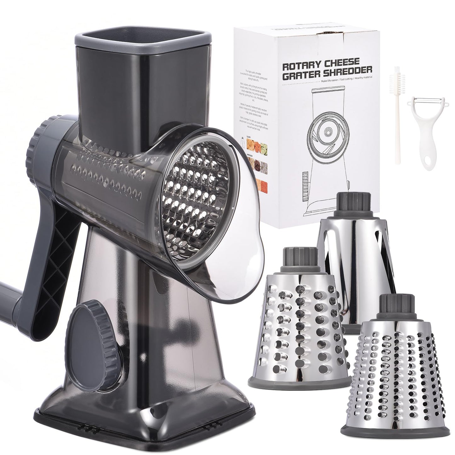 Rotary Cheese Grater with Handle Kitchen Shredder Slicer Grater Slicer Ice Shaver Cheese Vegetable Nuts Potato Zucchini Chocolate 3 Interchangeable Blades (GreyBlue