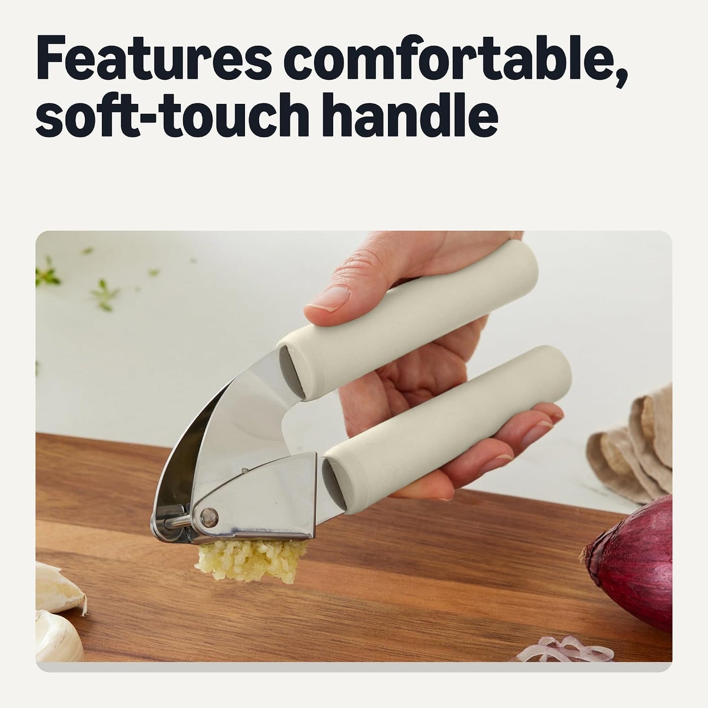 Amazon Basics Garlic Press, Stainless Steel, Soft Grip Handle, Dishwasher-Safe, Linen Gray