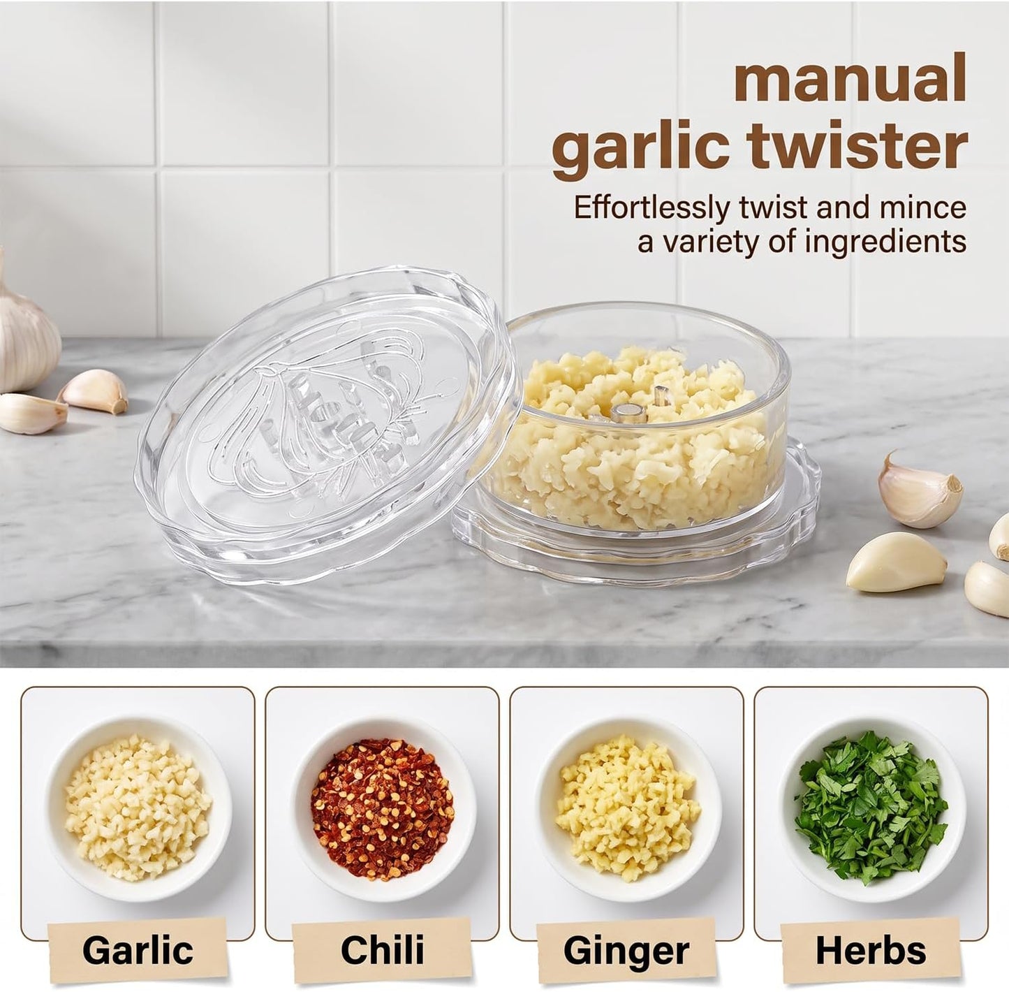 3 Pack Transparent Garlic Press, Manual Garlic Crusher and Mincer—Plastic Garlic Grinder and Chopper, rotary chopper suitable for garlic, chili peppers, compact and space-saving