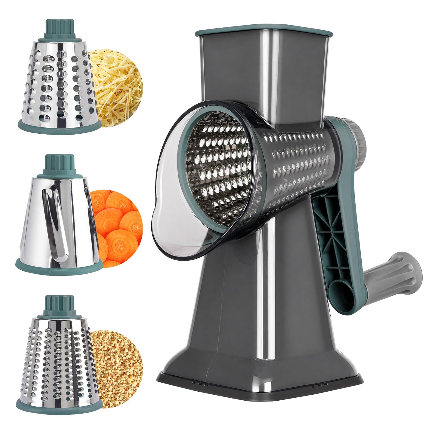 Rotary Cheese Grater, Cheese Grater Hand Crank, 3-Blade Grater