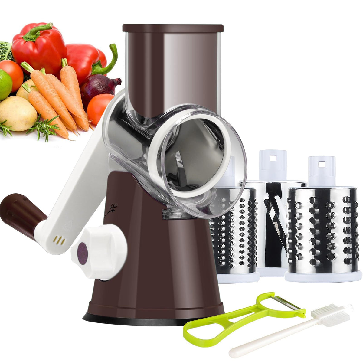 Ourokhome Rotary Cheese Grater Hand Crank, Kitchen Shredder Speed Mandolin Slicer Nuts Grinder with Handle and Drum Blades for Cheese, Vegetable, Walnuts, Chocolate, Potato, Carrot, 3 Blades, White