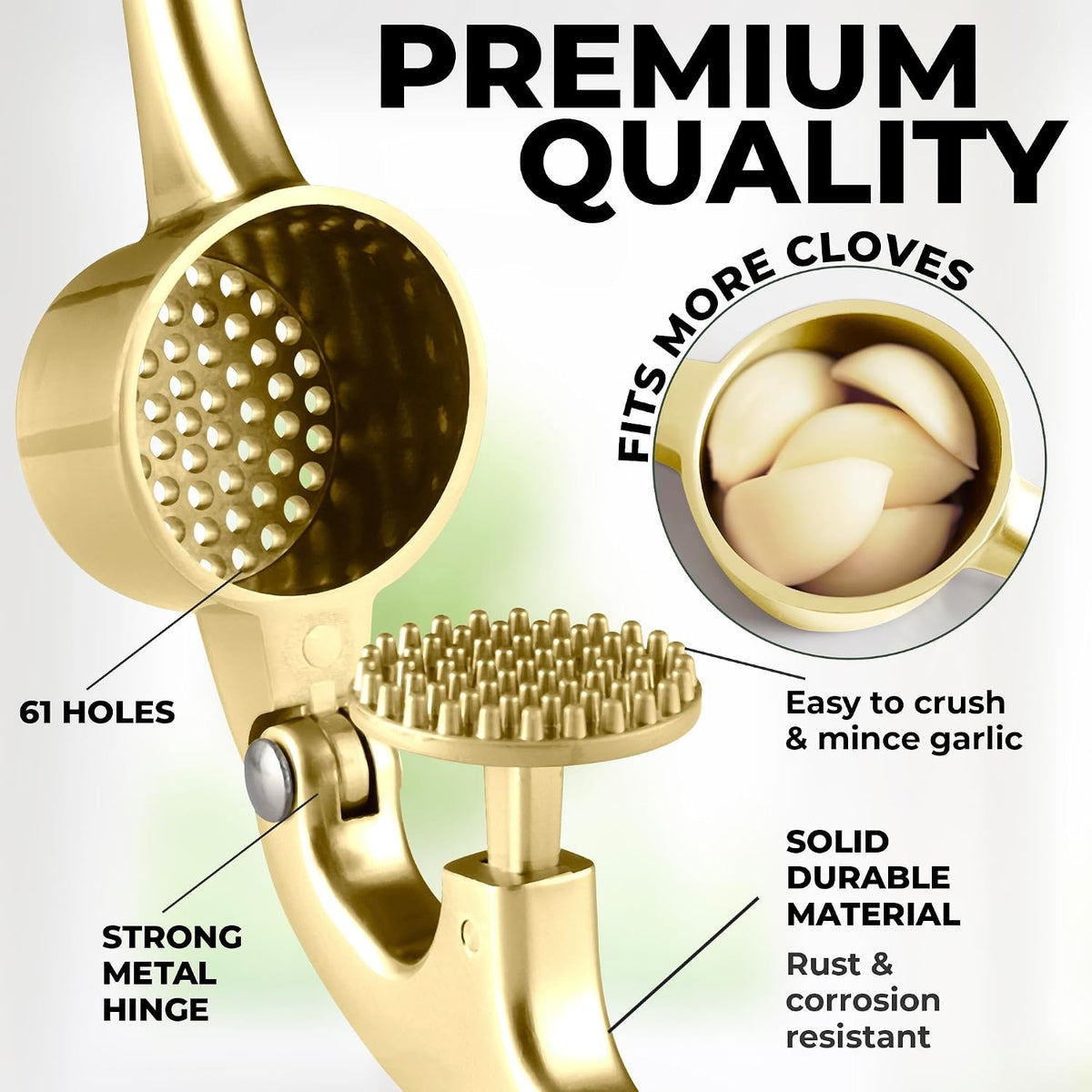 Zulay Kitchen Large Premium Garlic Press Set - Bigger Bowl for Bigger Garlic - Rust Proof Garlic Mincer Tool - Easy-Squeeze, Easy-Clean Silicone Garlic Peeler & Brush (Gold)