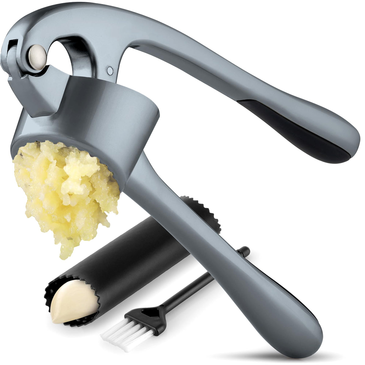 Zulay Kitchen Large Premium Garlic Press Set - Bigger Bowl for Bigger Garlic - Rust Proof Garlic Mincer Tool - Easy-Squeeze, Easy-Clean Silicone Garlic Peeler & Brush (Silver)