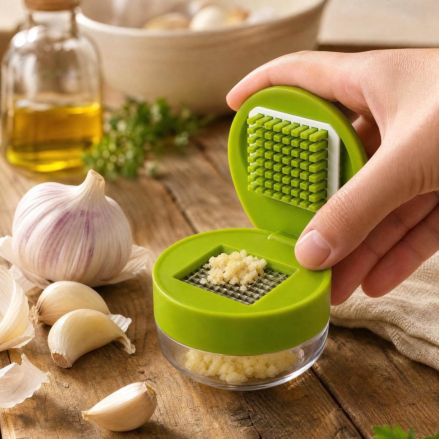 3-in-1 Garlic Press Set with Peeler & Brush, Manual Garlic Mincer Tool with Storage Container for Easy Prep and Cleanup (2 Pack)