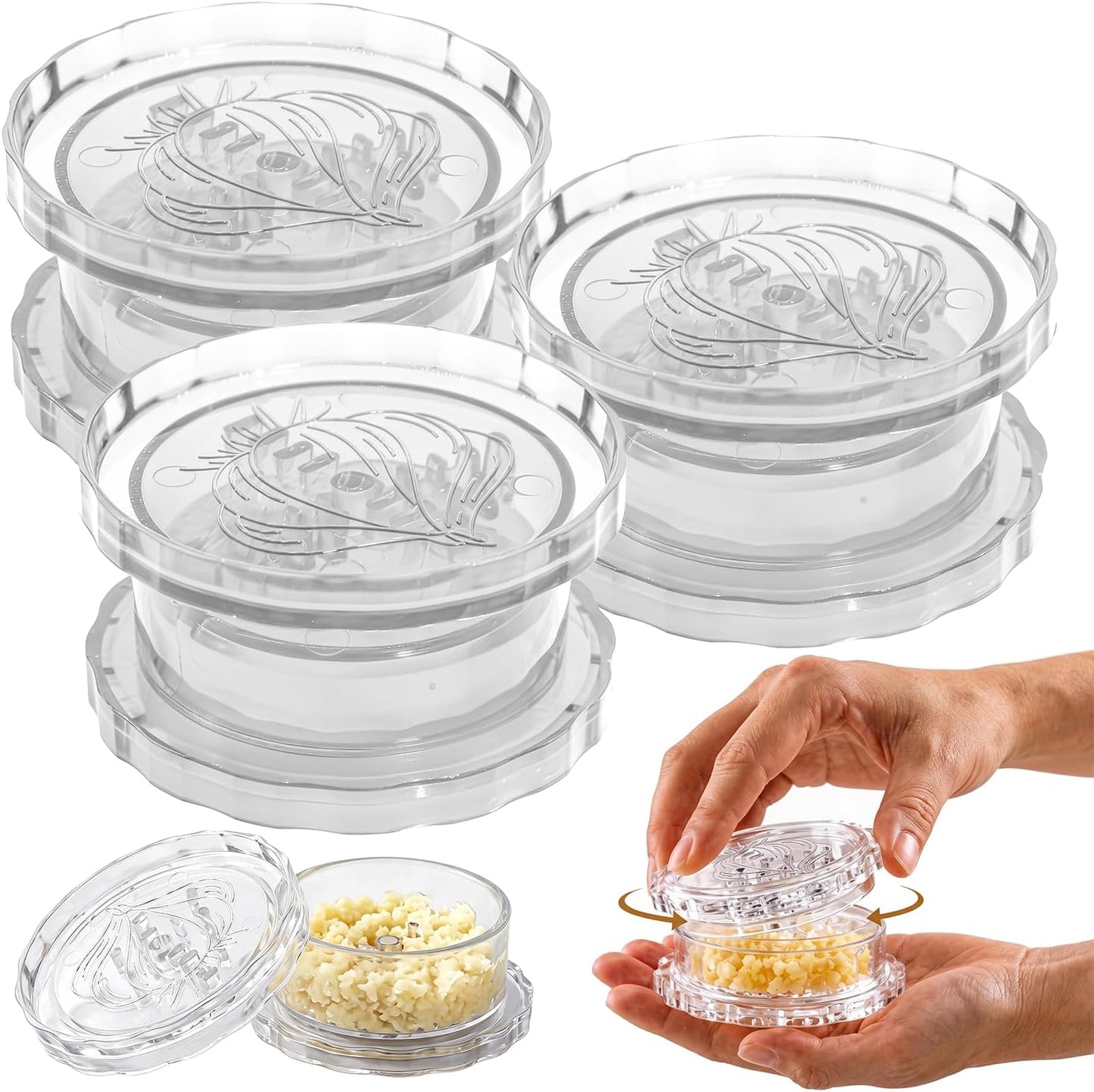 3 Pack Transparent Garlic Press, Manual Garlic Crusher and Mincer—Plastic Garlic Grinder and Chopper, rotary chopper suitable for garlic, chili peppers, compact and space-saving