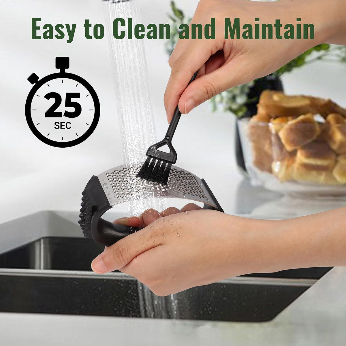 Pomyter Garlic Press Rocker, Stainless Steel Garlic Mincer and Garlic Crusher, Easy-Squeeze Garlic Tool with Peeler and Cleaning Brush for Smashing Garlic