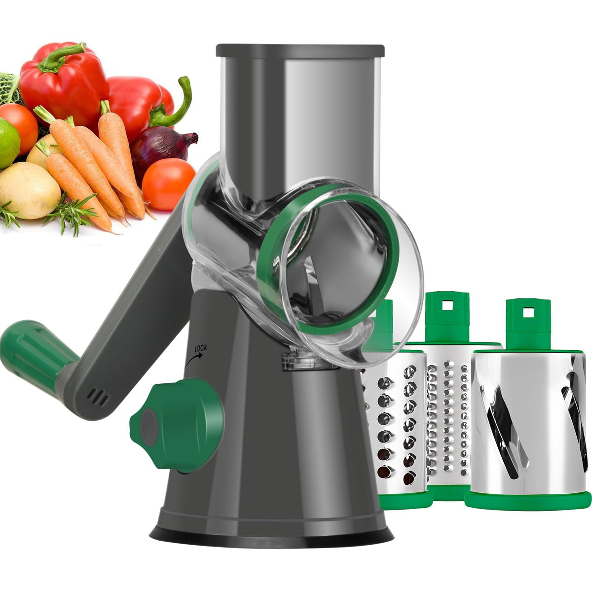 Ourokhome Rotary Cheese Grater Hand Crank, Kitchen Shredder Speed Mandolin Slicer Nuts Grinder with Handle and Drum Blades for Cheese, Vegetable, Walnuts, Chocolate, Potato, Carrot, 3 Blades, White
