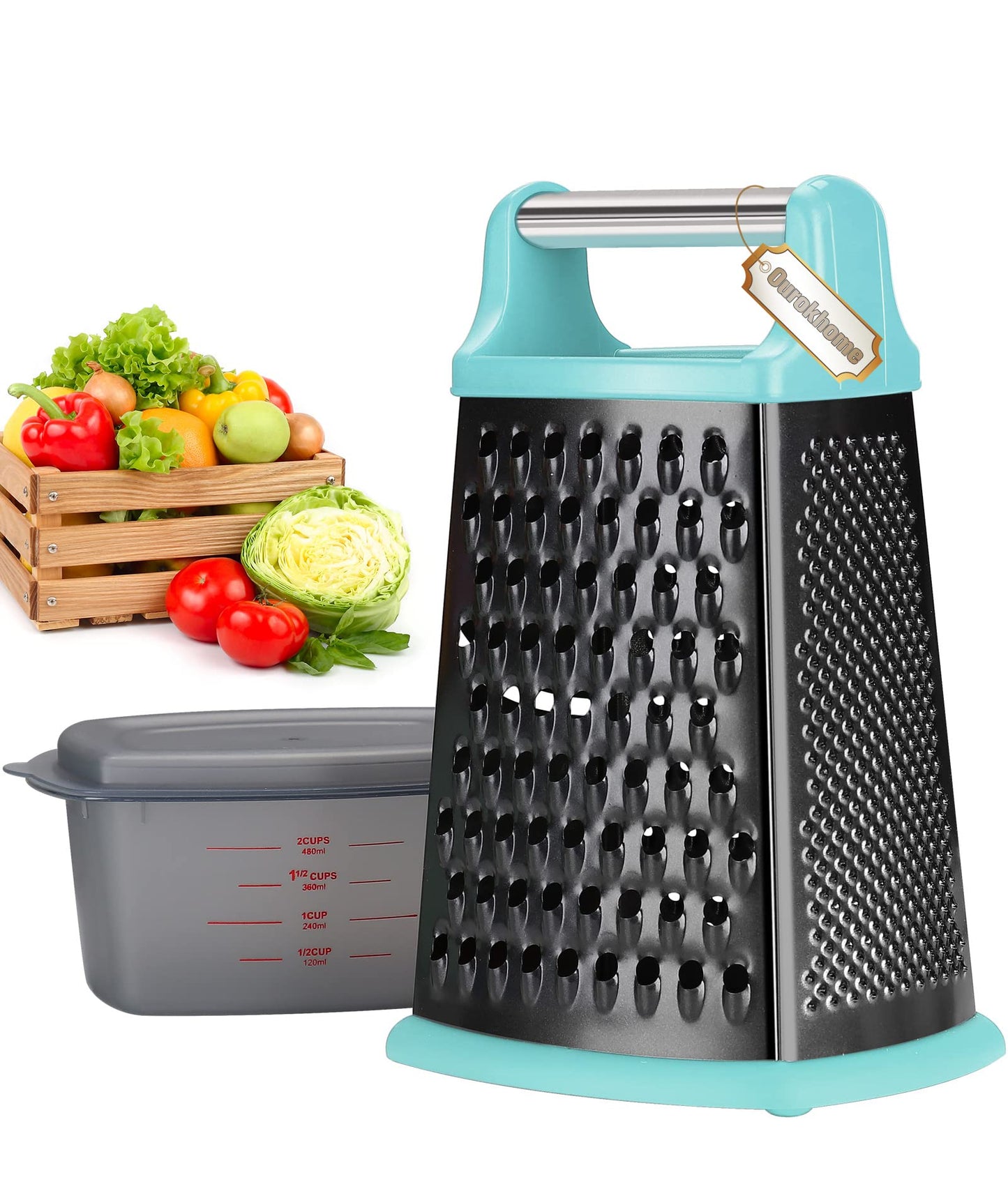 Ourokhome Cheese Grater, Handheld Box Grater with Container & Lid, 4-Sided Stainless Steel for Kitchen, Wavy Julienne, Slicer, Coarse Shred & Fine Zester, Non-Slip Base, Dishwasher Safe, 8 Inch