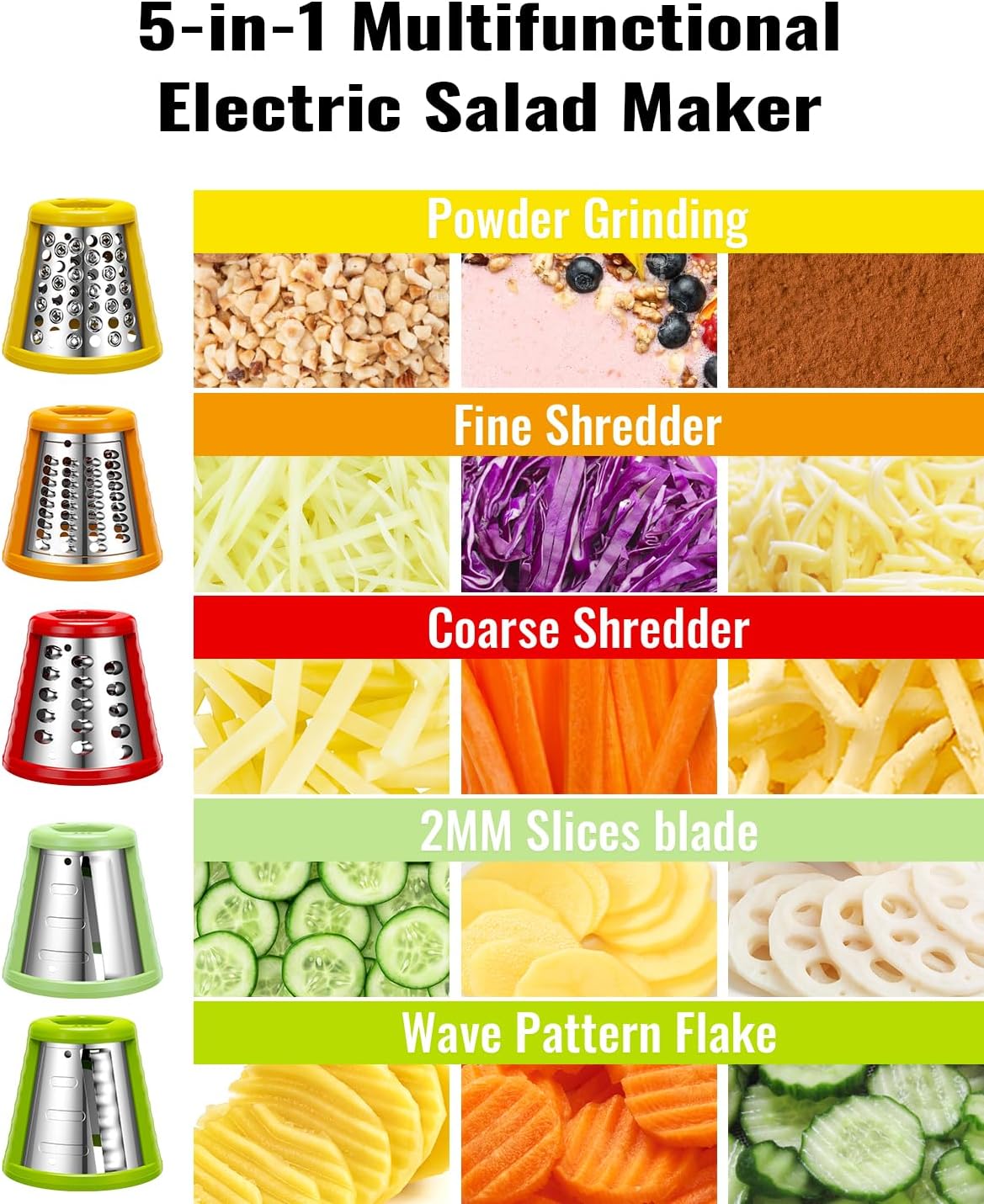 Electric Cheese Grater Salad Shooter,5-In-1 Electric Slicer For Home Kitchen,One-Touch Easy Control,With Safety Push Bar Cheese Grater Electric For Zucchini,Cheese,Vegetables And Smoothie