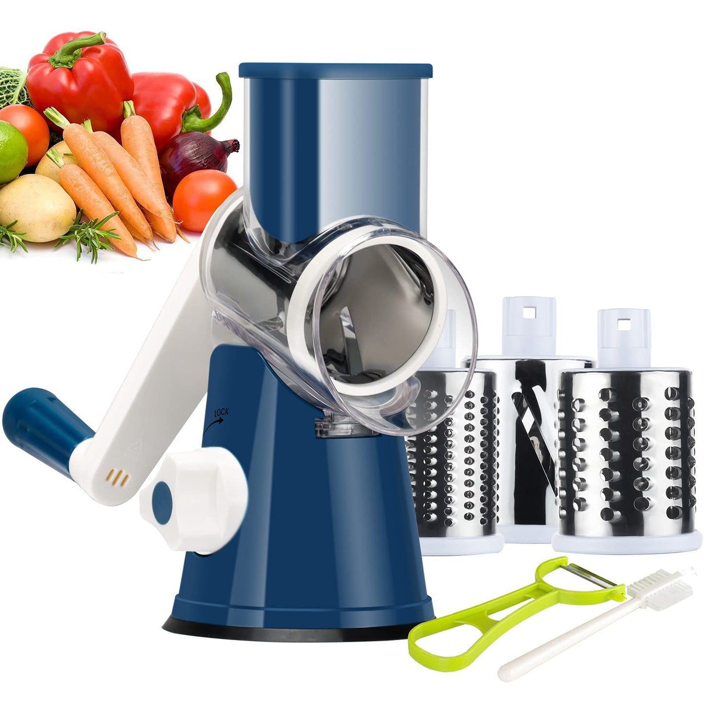 Ourokhome Rotary Cheese Grater Hand Crank, Kitchen Shredder Speed Mandolin Slicer Nuts Grinder with Handle and Drum Blades for Cheese, Vegetable, Walnuts, Chocolate, Potato, Carrot, 3 Blades, White