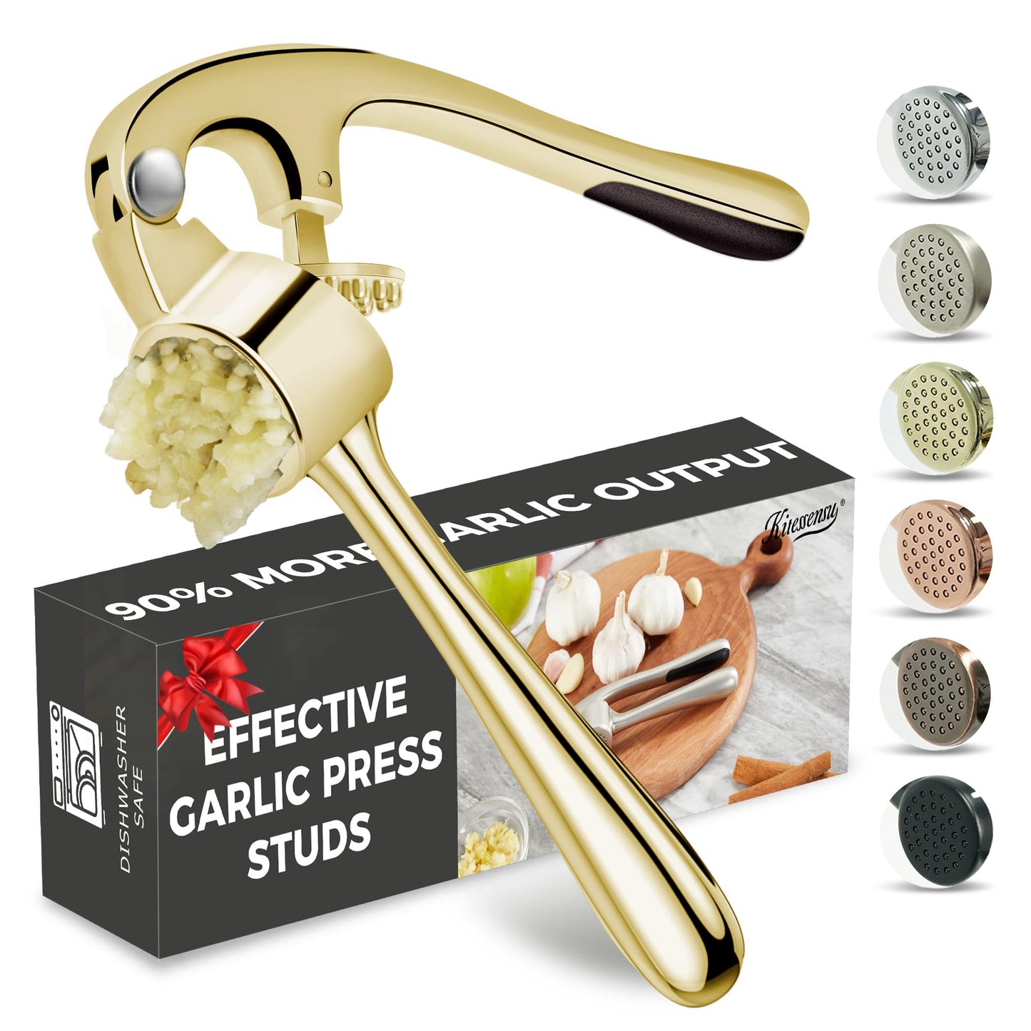 Kitessensu High Effective Garlic Press With Studs, Heavy Duty Garlic Mincer, Easy to Squeeze and Clean, Rust Proof, Ginger Crusher- Imperial Silver