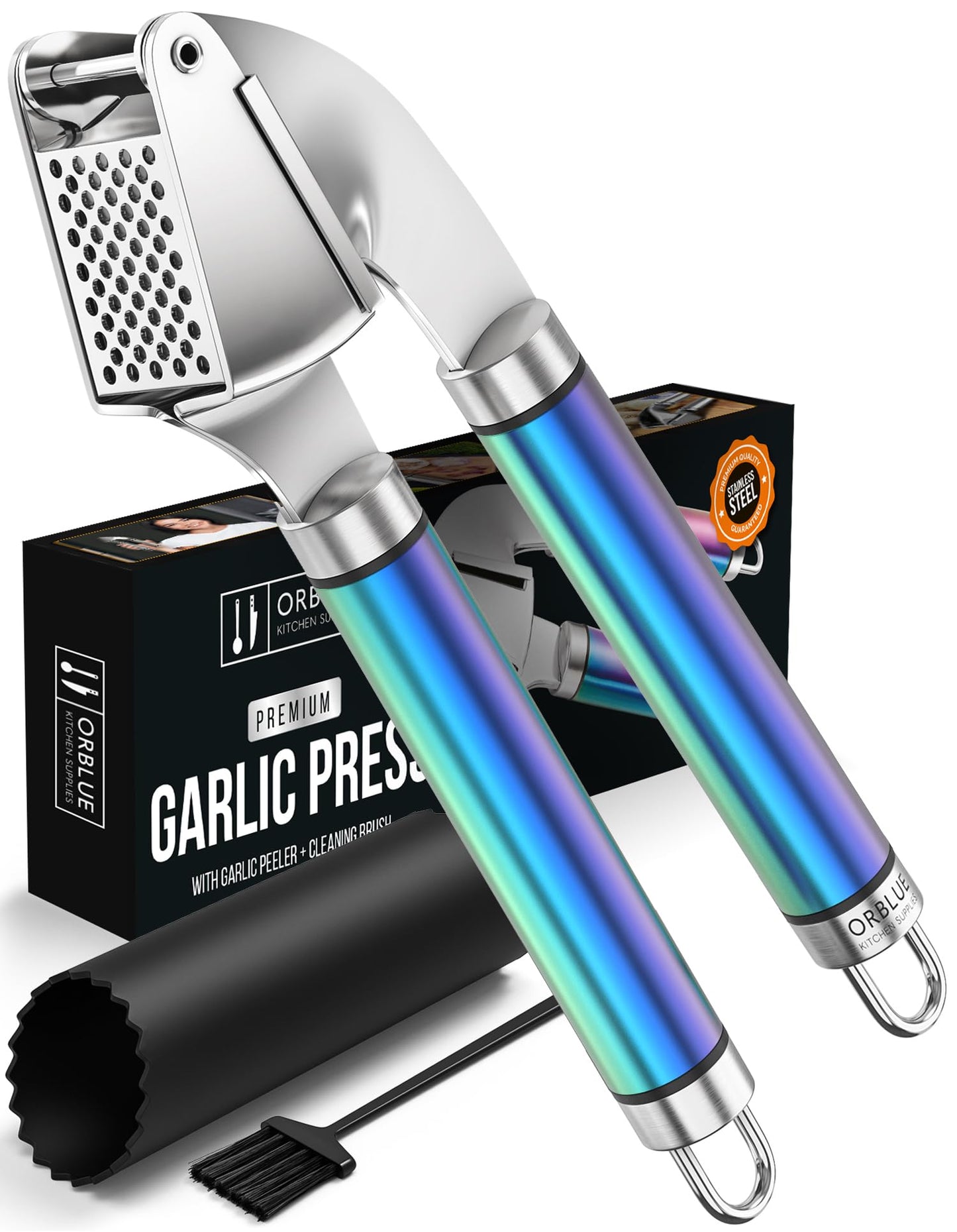 ORBLUE Garlic Press Stainless Steel - Premium Professional Grade Garlic Mincer, Crusher & Peeler Set - Easy Clean, Dishwasher Safe & Rust-proof