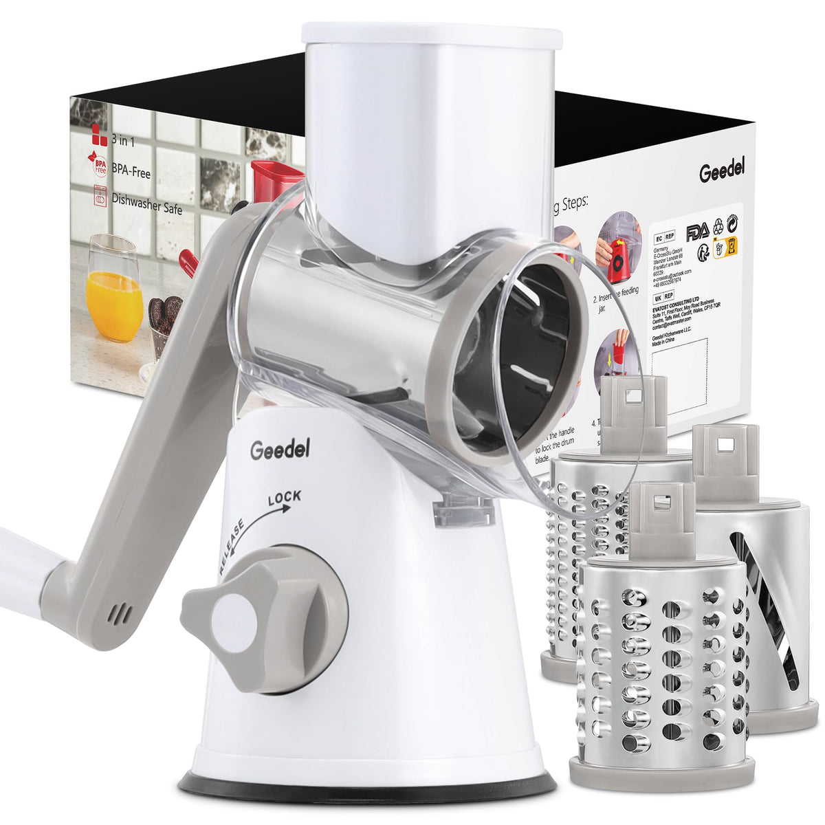 Geedel Rotary Cheese Grater Hand Crank, Cheese Shredder Vegetable Slicer