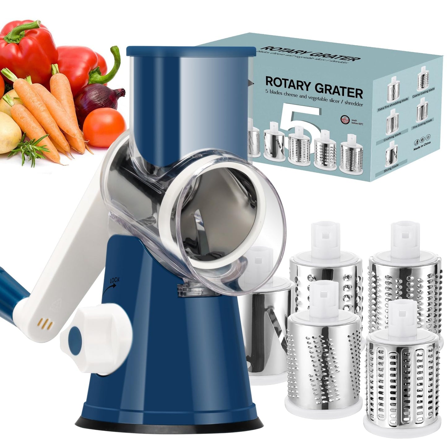 Ourokhome Rotary Cheese Grater Hand Crank, Kitchen Shredder Speed Mandolin Slicer Nuts Grinder with Handle and Drum Blades for Cheese, Vegetable, Walnuts, Chocolate, Potato, Carrot, 3 Blades, White